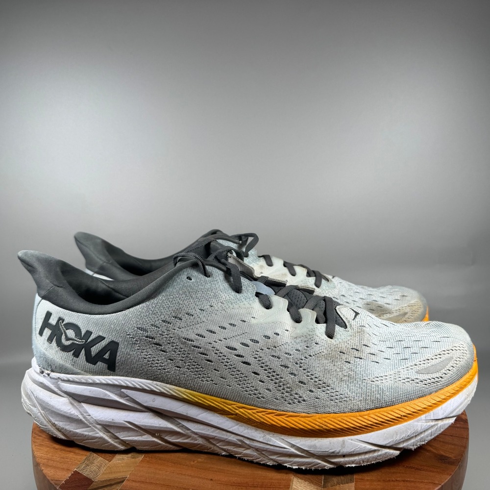 Hoka One One Clifton 8 Mens 15 Grey Orange Road Running Shoes Low Top Sneakers